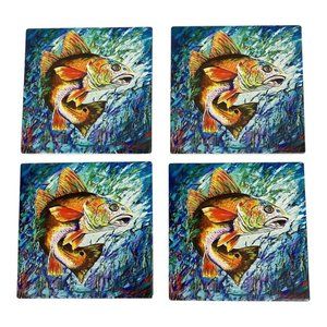 4 Bernard Cajun Louisiana Red Fish Absorbent Stone Cork Back Coaster Set NEW